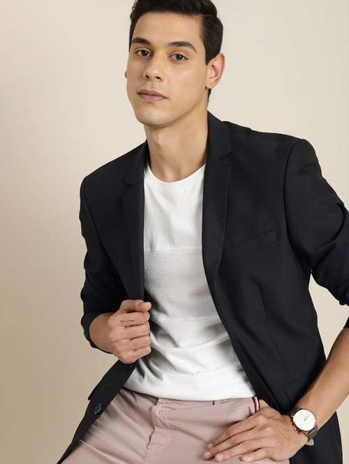 men black solid long sleeve single breasted blazer - 22035212 -  Standard Image - 0