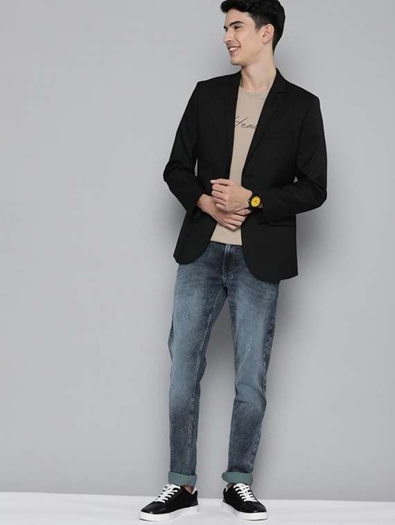 men black solid long sleeve single breasted blazer - 22035215 - Standard Image - 1