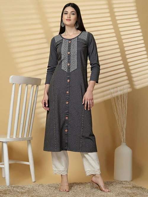 women solid three quarter sleeve straight kurta - 22035220 -  Standard Image - 0