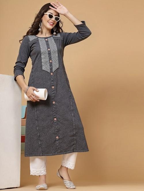 women solid three quarter sleeve straight kurta - 22035228 - Standard Image - 0