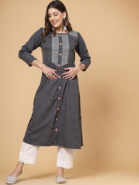women solid three quarter sleeve straight kurta - 22035228 - Standard Image - 1
