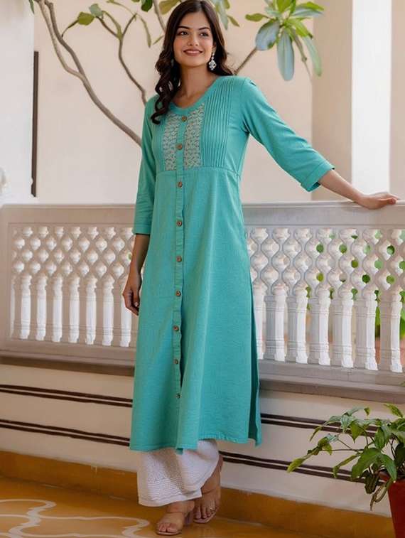 women solid three quarter sleeve straight kurta - 22035231 -  Standard Image - 1