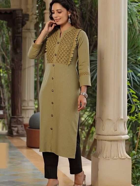women solid three quarter sleeve straight kurta - 22035232 -  Standard Image - 1