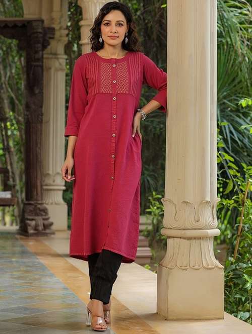 women solid three quarter sleeve straight kurta - 22035233 -  Standard Image - 0