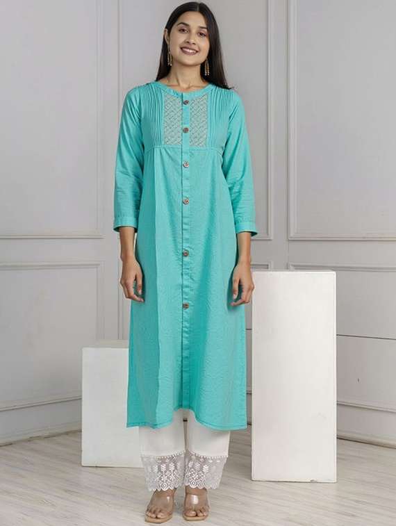 women solid three quarter sleeve straight kurta - 22035236 -  Standard Image - 1