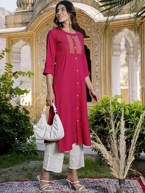 women solid three quarter sleeve straight kurta - 22035239 -  Standard Image - 1