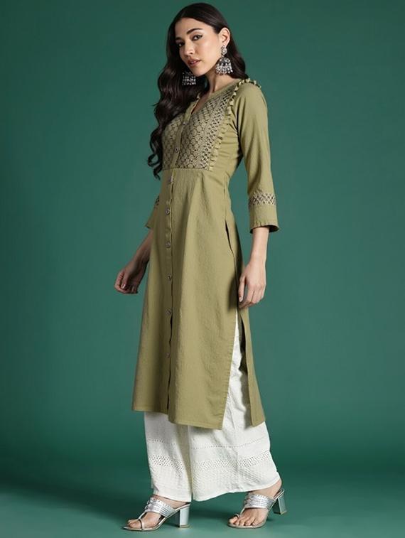 women solid three quarter sleeve straight kurta - 22035271 - Standard Image - 1