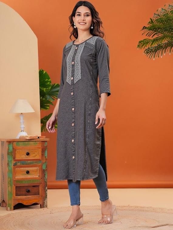 women solid three quarter sleeve straight kurta - 22035275 -  Standard Image - 1