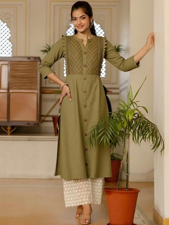 women solid three quarter sleeve straight kurta - 22035278 - Zoom Image - 0