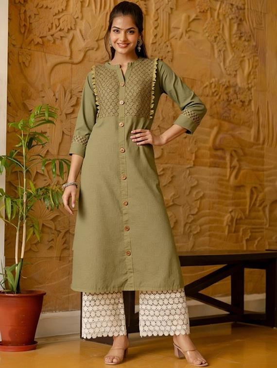 women solid three quarter sleeve straight kurta - 22035278 - Standard Image - 1