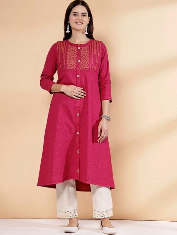 women solid three quarter sleeve straight kurta - 22035280 - Standard Image - 1