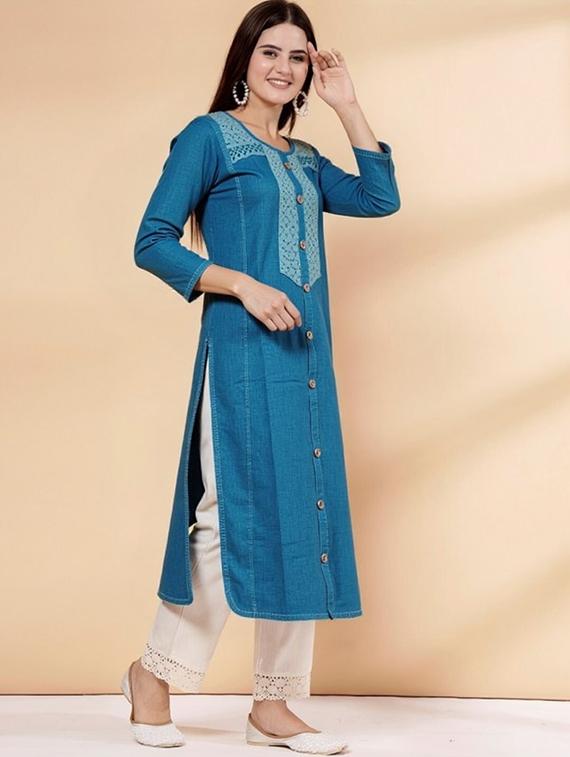 women solid three quarter sleeve straight kurta - 22035282 - Standard Image - 1