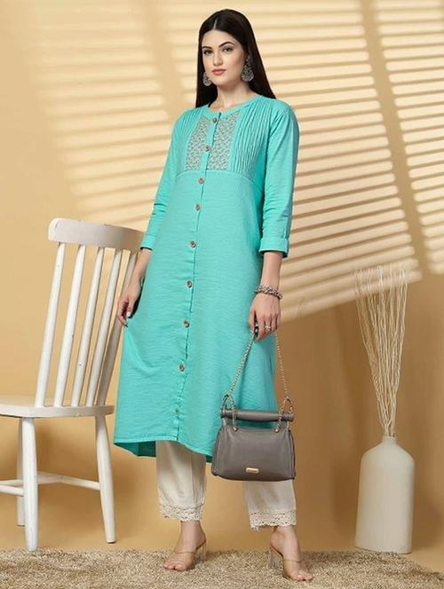 women solid three quarter sleeve straight kurta - 22035283 - Standard Image - 0
