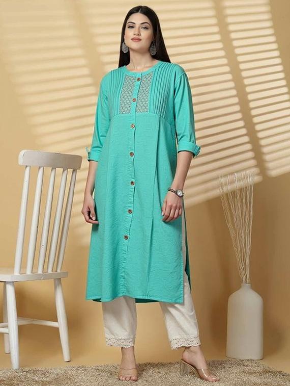 women solid three quarter sleeve straight kurta - 22035283 - Standard Image - 1