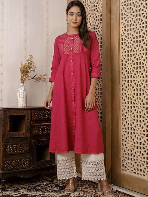 women solid three quarter sleeve a-line kurta - 22035287 -  Standard Image - 0