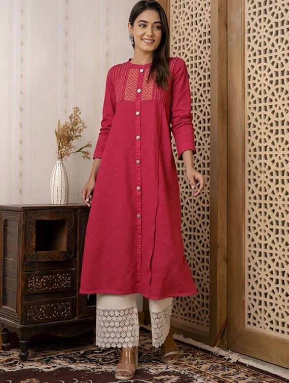 women solid three quarter sleeve a-line kurta - 22035287 - Standard Image - 1