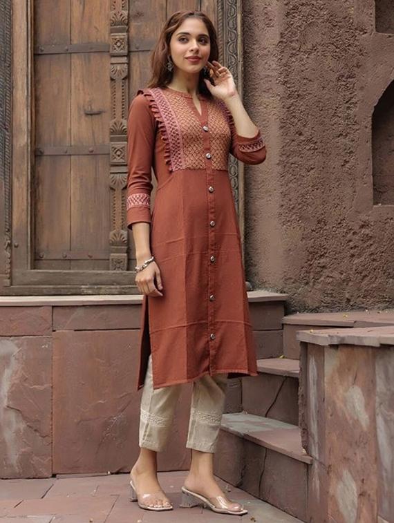 women solid three quarter sleeve straight kurta - 22035288 - Standard Image - 1