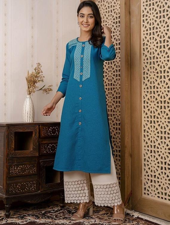 women solid three quarter sleeve straight kurta - 22035289 - Standard Image - 1