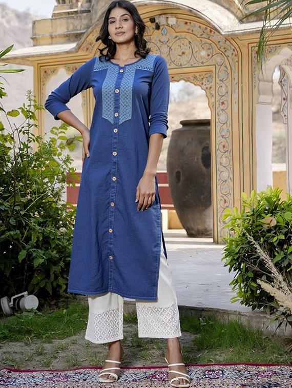 women solid three quarter sleeve straight kurta - 22035290 - Standard Image - 1