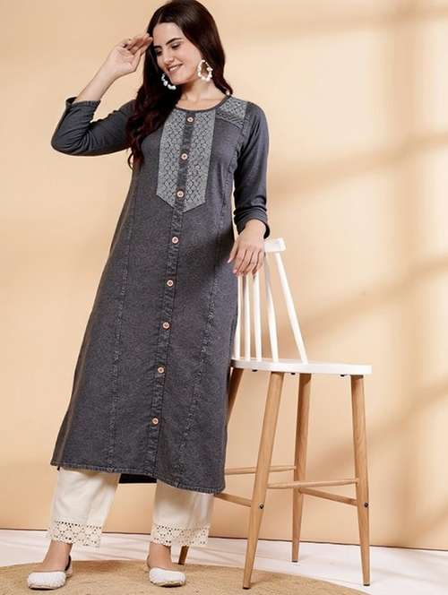 women solid three quarter sleeve straight kurta - 22035291 - Standard Image - 0