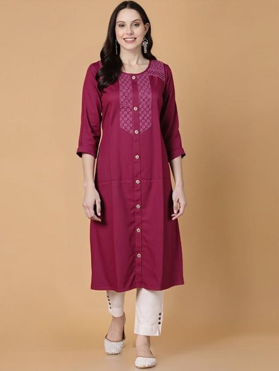 women solid three quarter sleeve straight kurta - 22035293 - Standard Image - 1