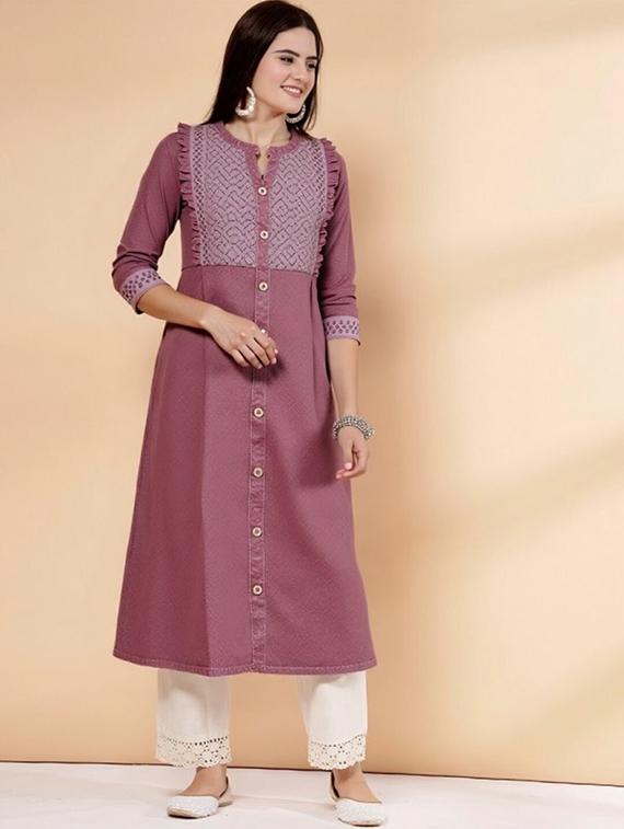 women solid three quarter sleeve straight kurta - 22035295 - Standard Image - 1