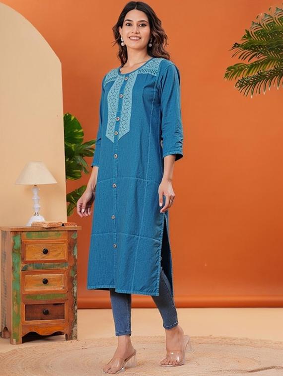 women solid three quarter sleeve straight kurta - 22035300 -  Standard Image - 1