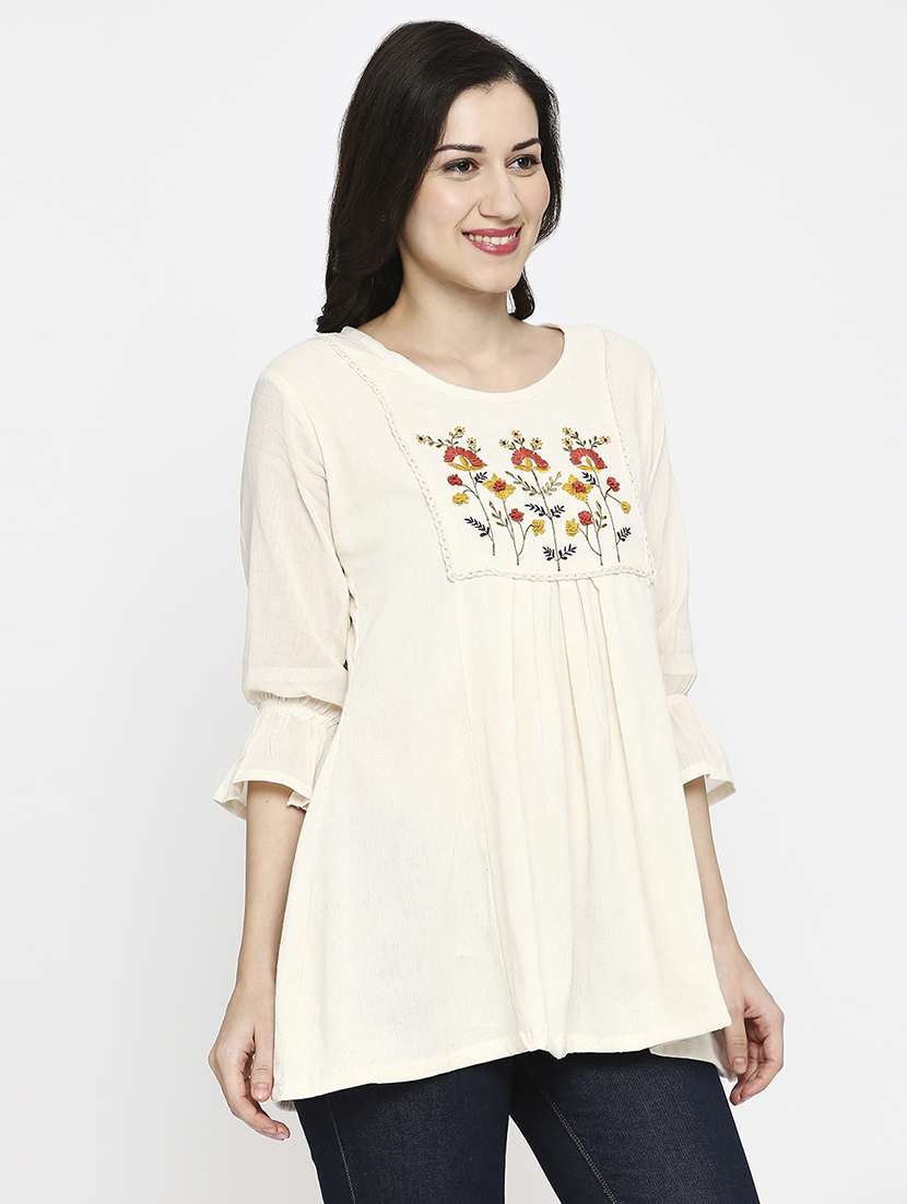women embroidered three quarter sleeve ethnic top - 22035302 -  Standard Image - 1