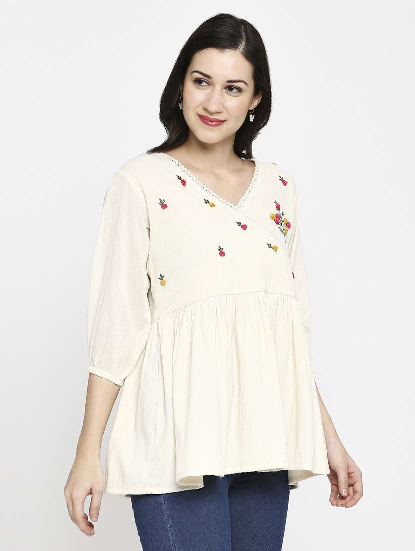 women embroidered three quarter sleeve ethnic top - 22035307 -  Standard Image - 1