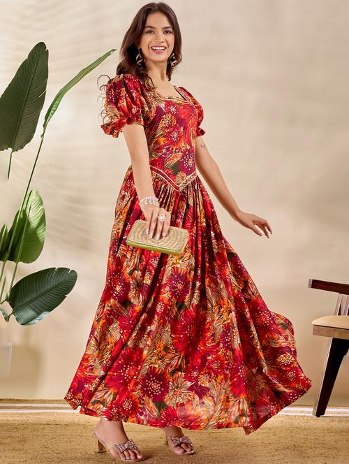women printed puff sleeve fit & flare dress - 22035406 - Standard Image - 0