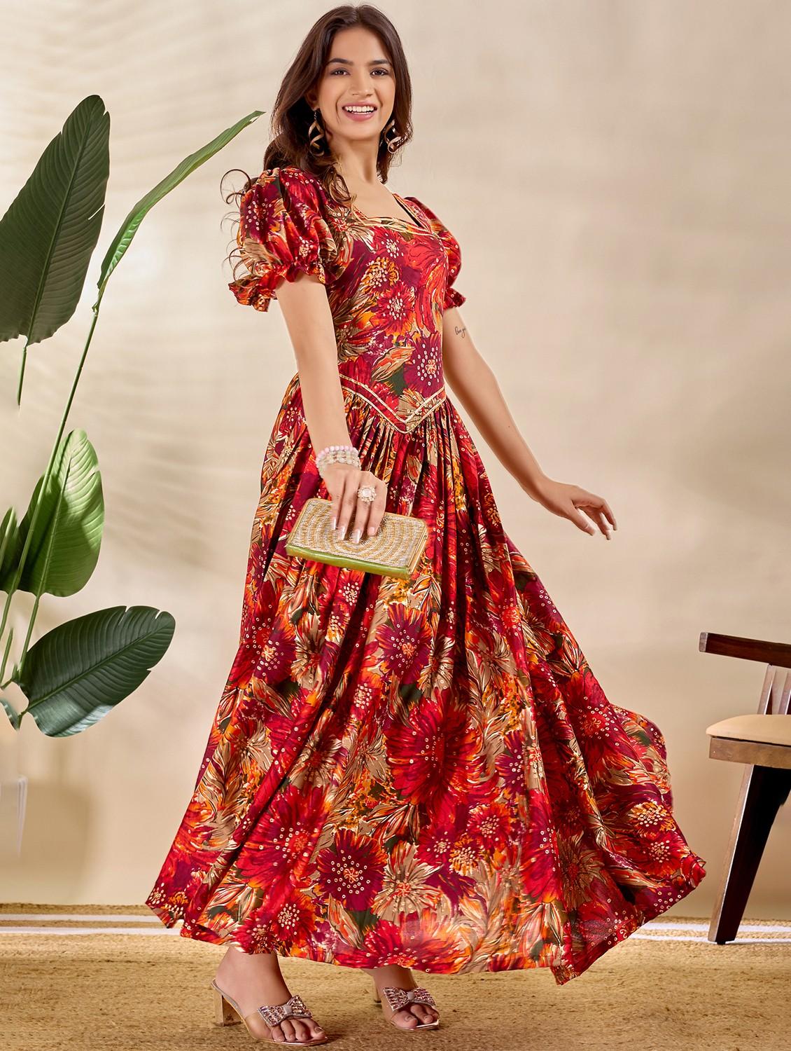 women printed puff sleeve fit & flare dress - 22035406 - Zoom Image - 0
