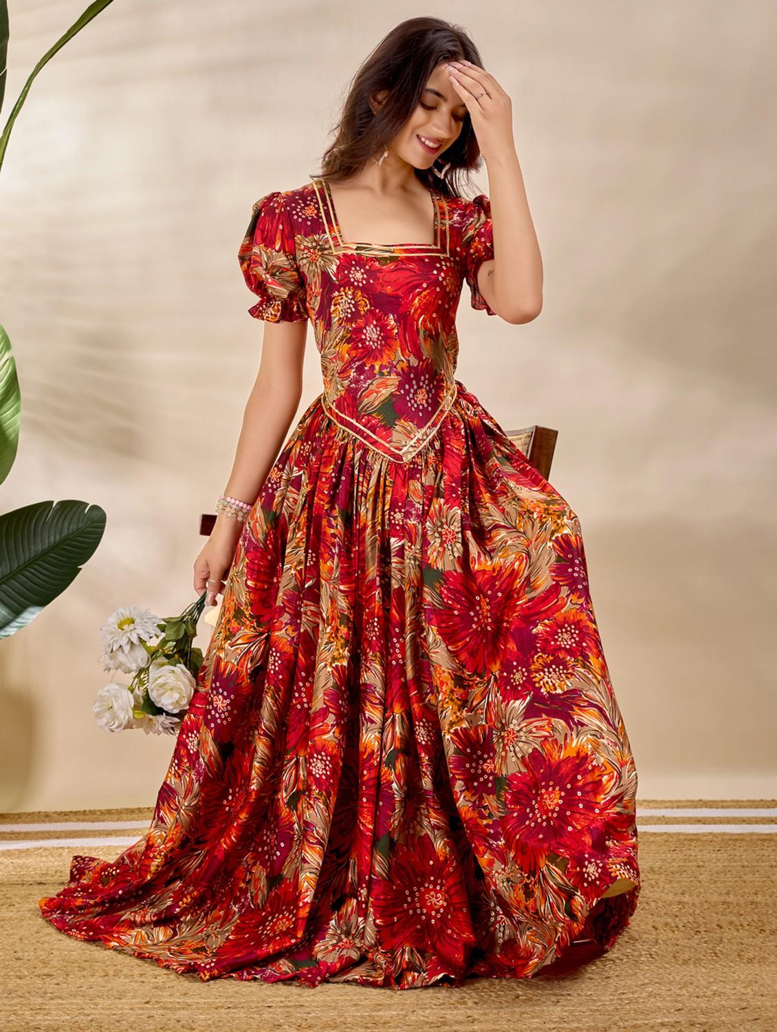 women printed puff sleeve fit & flare dress - 22035406 - Standard Image - 4