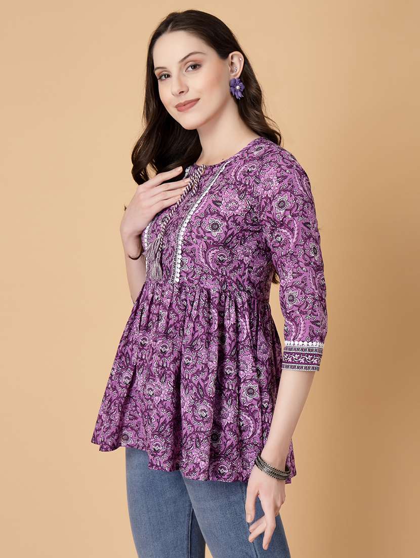 women printed three quarter sleeve flared kurti - 22035423 -  Standard Image - 1