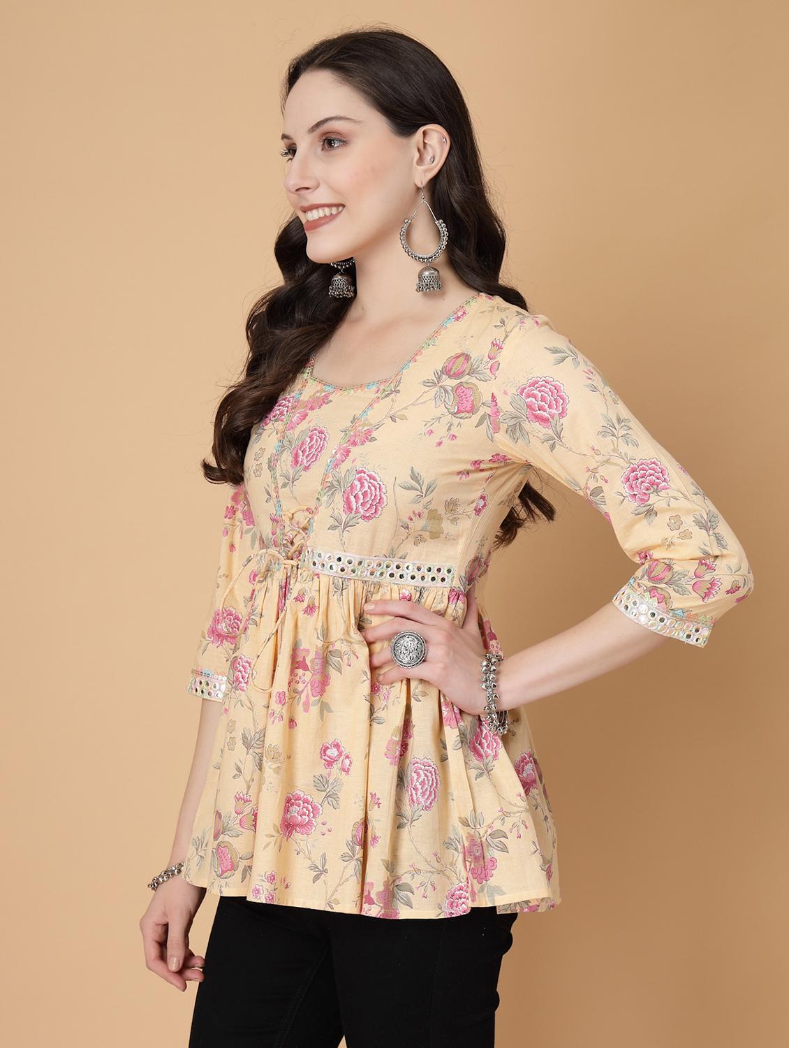 women printed three quarter sleeve flared kurti - 22035425 - Standard Image - 1