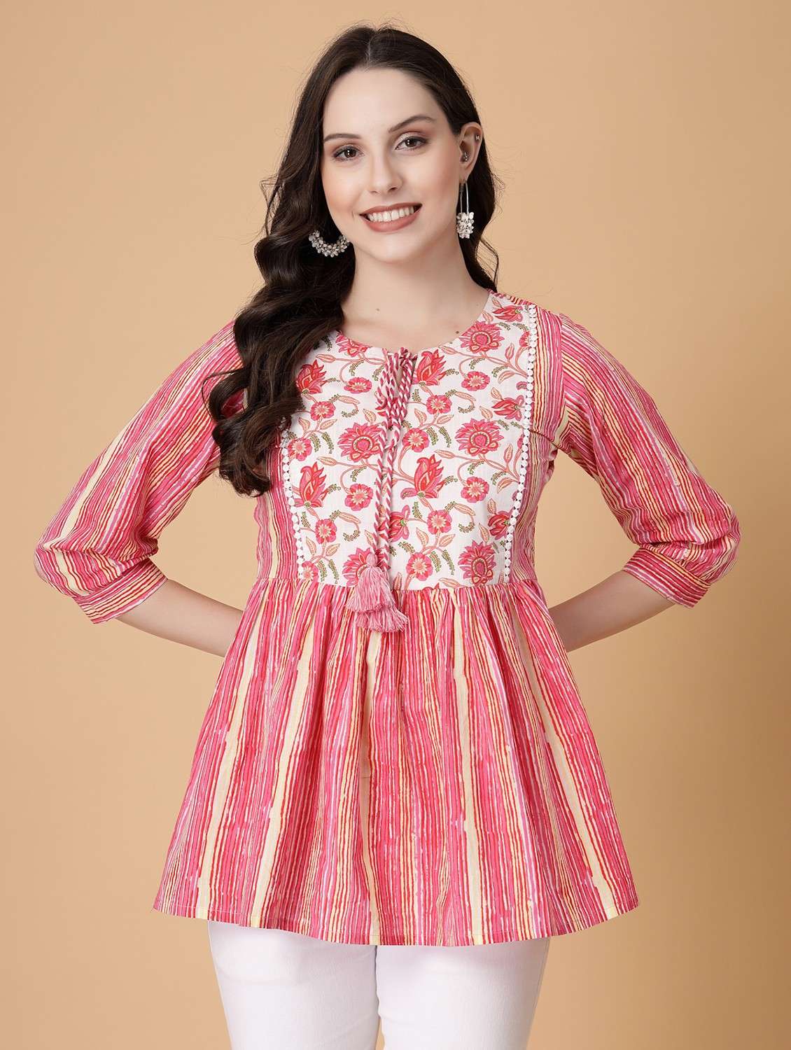 women printed three quarter sleeve flared kurti - 22035426 - Standard Image - 1