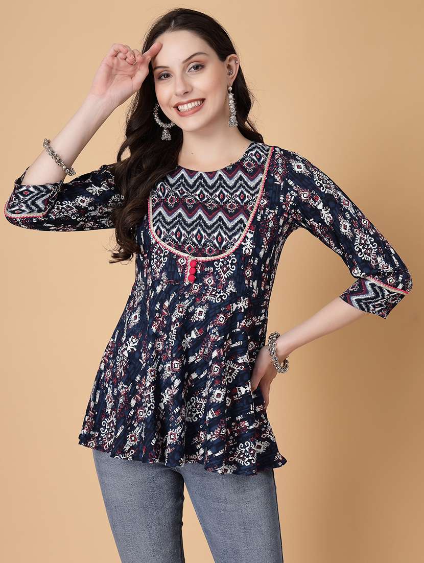 women printed three quarter sleeve a-line kurti