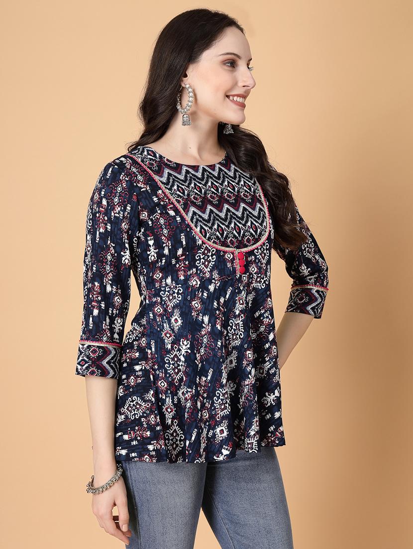 women printed three quarter sleeve a-line kurti - 22035429 -  Standard Image - 1