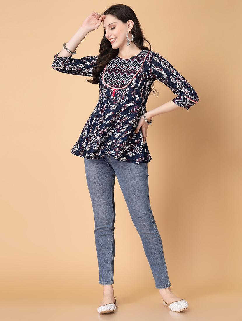 women printed three quarter sleeve a-line kurti - 22035429 - Standard Image - 4