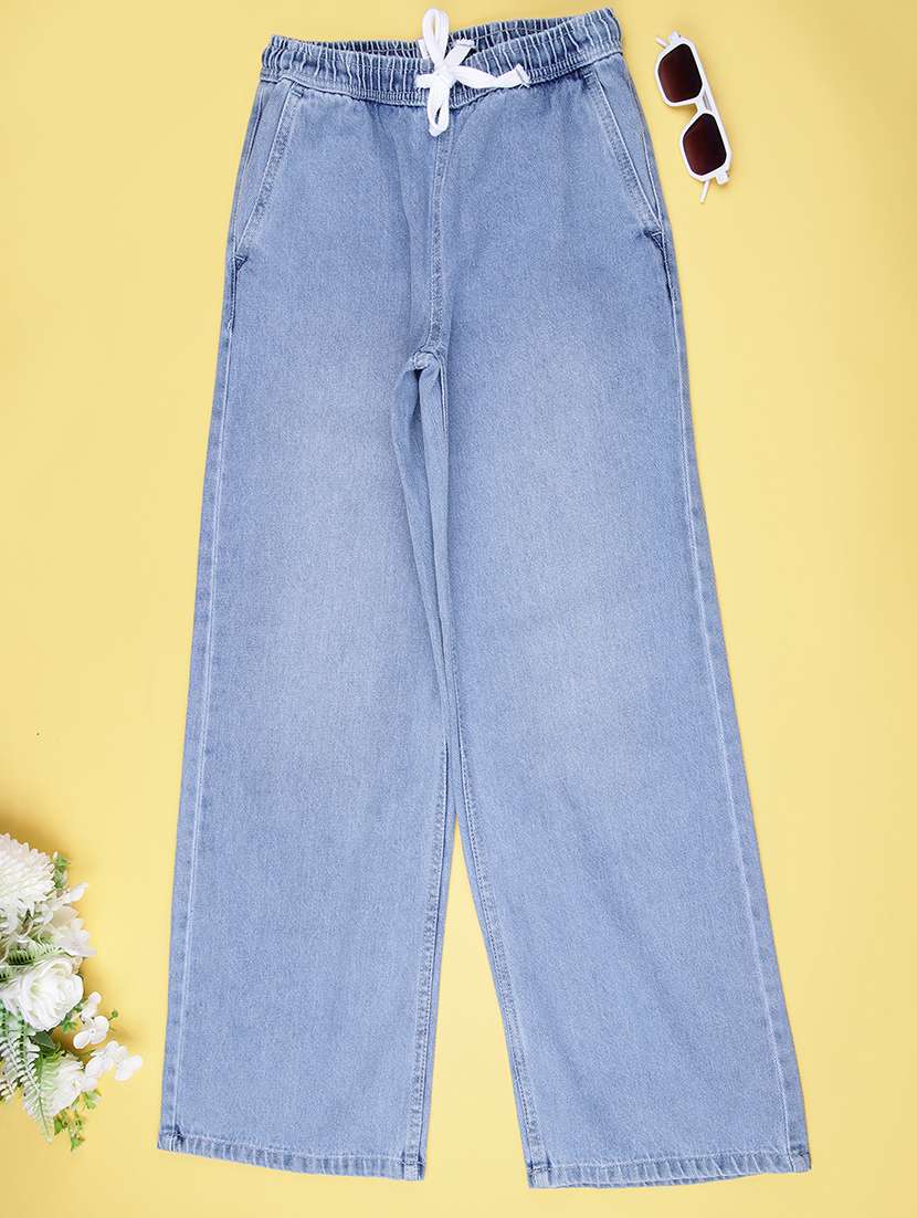 girls solid high rise wide leg jean