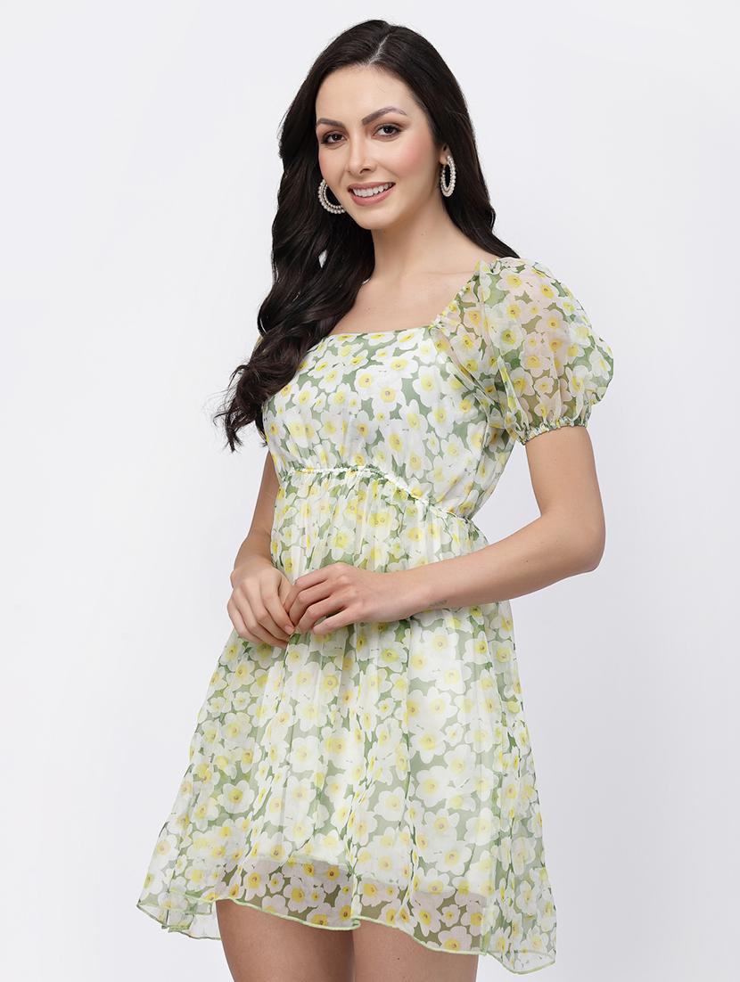 women floral print puff sleeve fit & flare dress - 22035585 - Standard Image - 1