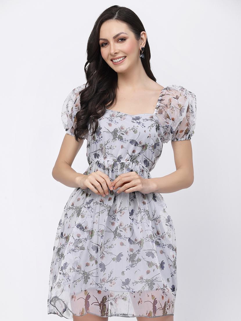 women floral print puff sleeve fit & flare dress - 22035586 - Zoom Image - 0