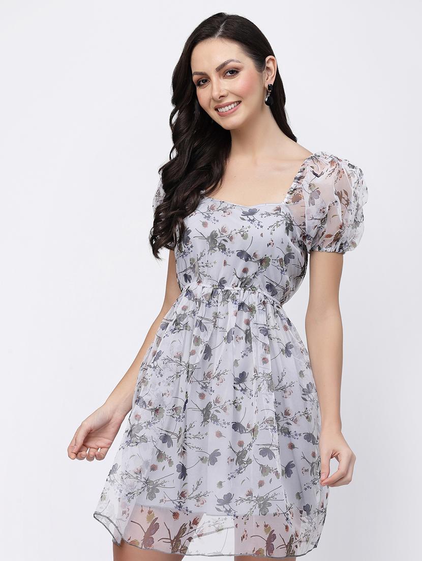 women floral print puff sleeve fit & flare dress - 22035586 - Standard Image - 1