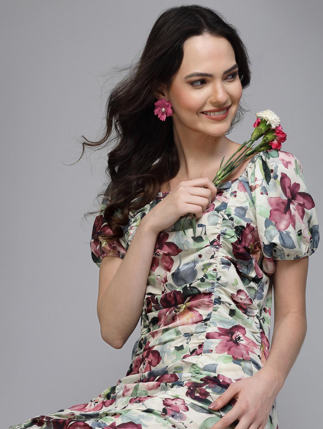 women floral print puff sleeve ruched dress - 22035590 - Standard Image - 4
