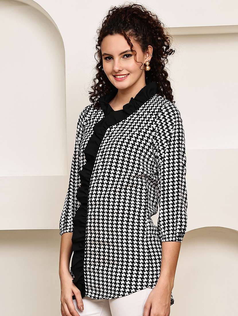 women houndstooth print v-neck regular top - 22035594 -  Standard Image - 1