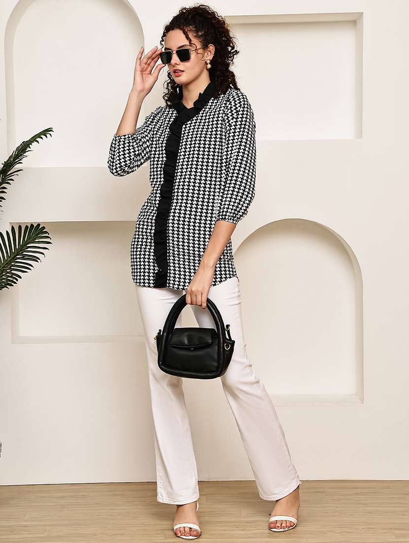 women houndstooth print v-neck regular top - 22035594 -  Standard Image - 6