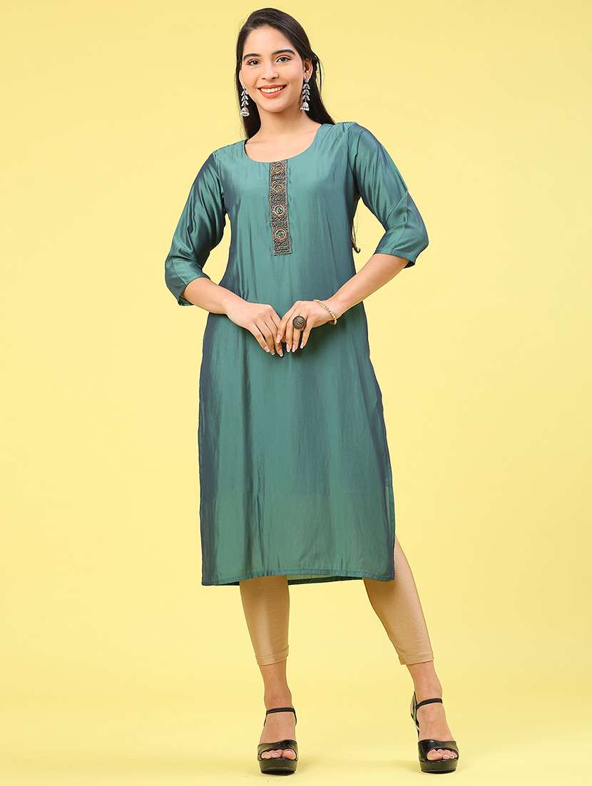 women solid with work three quarter sleeve straight kurta - 22035678 -  Standard Image - 1