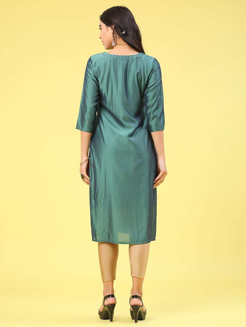women solid with work three quarter sleeve straight kurta - 22035678 -  Standard Image - 4
