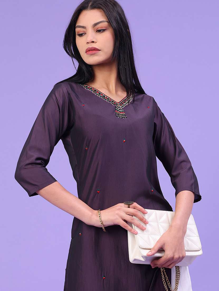 women solid with work three quarter sleeve straight kurta - 22035679 -  Standard Image - 1