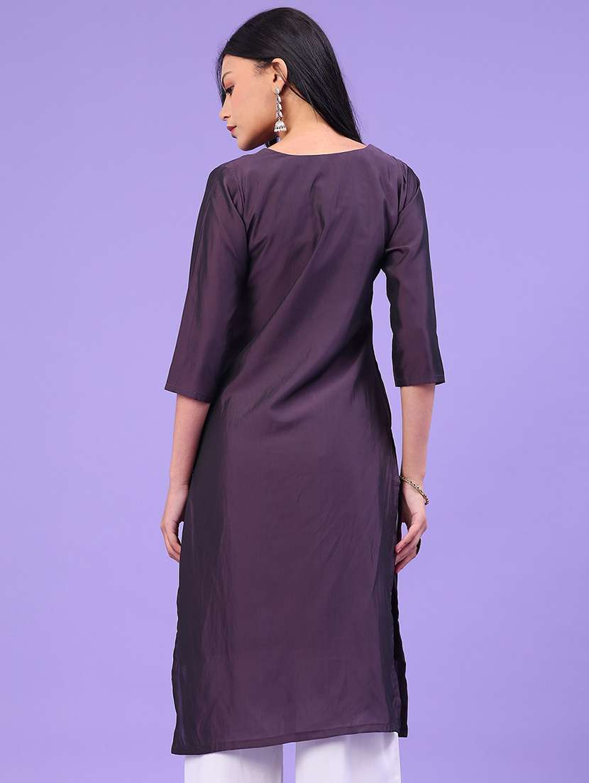 women solid with work three quarter sleeve straight kurta - 22035679 -  Standard Image - 4