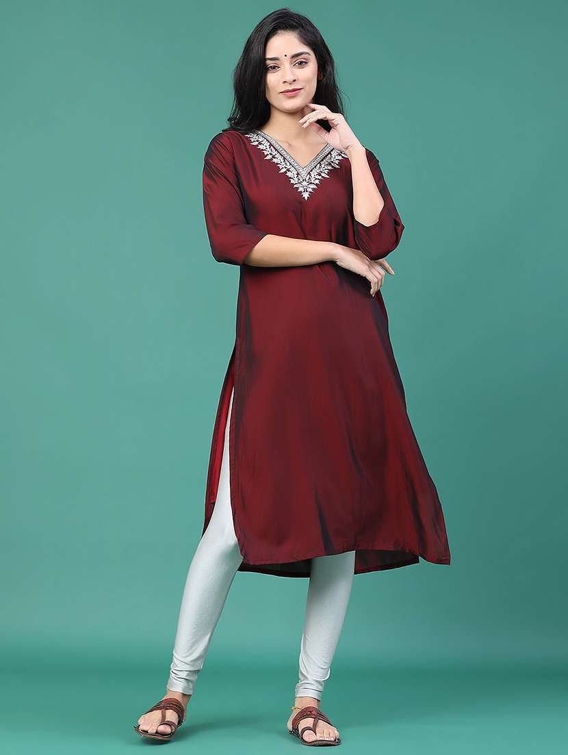 women solid with work v neck kurta legging set - 22035680 -  Standard Image - 1